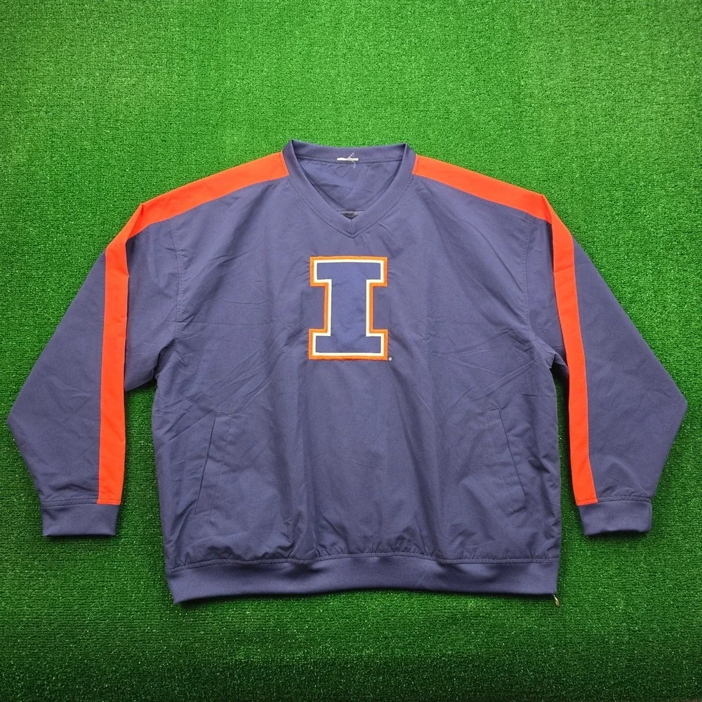 Illinois Fighting Illini Windbreaker Jacket Mens 2XL Blue Orange V-Neck‎ NCAA